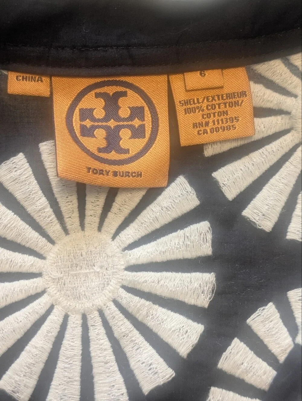 Tory Burch Embroidered Mirror Appliqué Navy Ivory Cotton Long Sleeve Top Size 6